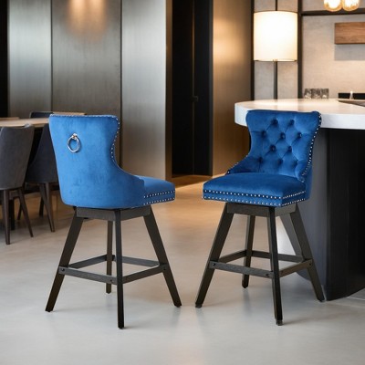 Velvet Swivel Bar Stool Set of 2,Counter Height Upholstered Rotating Barstools with Wood Legs,Footrest,Chrome Nailhead - Leovsnove