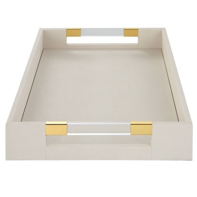 A rectangular beige colored tray with gold colored accents and clear handles.