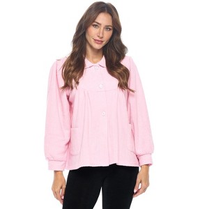 Casual Nights Women's Button Front Jacquard Terry Fleece Sleep Bed Jacket Top with Pockets - 1 of 4