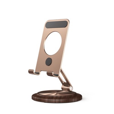 The Misty Moon's Rotatable and Foldable Walnut Wood Gold Desktop Phone Stand