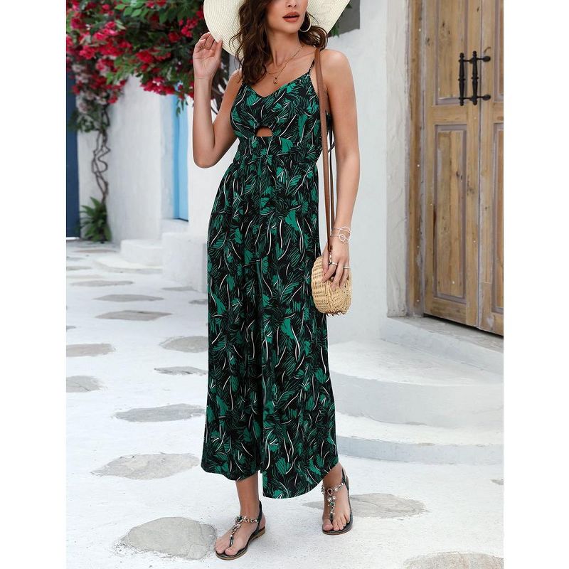 Women's Summer V Neck Spaghetti Strap Sleeveless Jumpsuits CutOut Smocked Long Wide Leg Rompers With Pockets, 3 of 7
