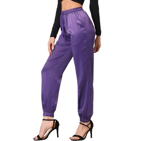 Allegra K Women's Drawstring Elastic Waist Ankle Length Satin Joggers with  Pocket Purple Medium