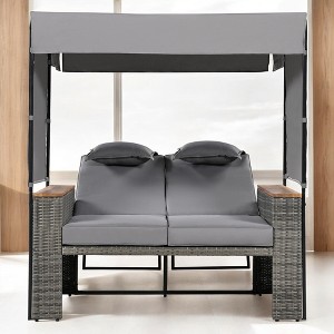2-Piece Outdoor Rattan Daybed with 5 Positions, Canopy, Bench, and Cushions for Poolside, Backyard & Garden - 1 of 4