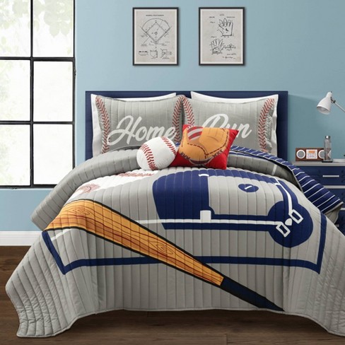 5pc Baseball Game Reversible Oversized Set Kids Quilt Gray navy Lush Decor Target