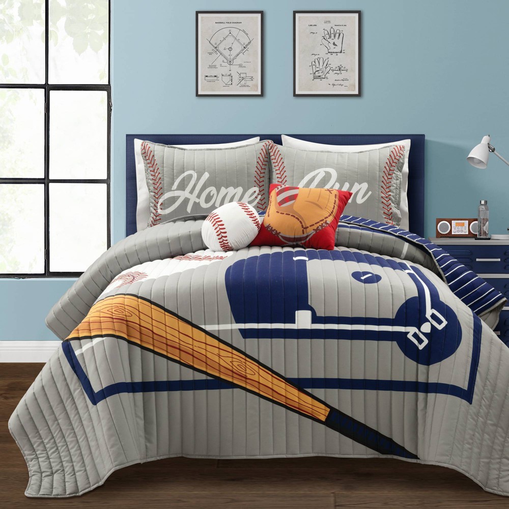 Photos - Bed Linen 5pc Baseball Game Reversible Oversized Set Kids' Quilt Gray/Navy - Lush De