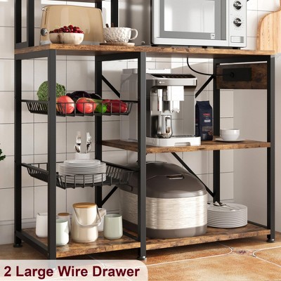 TROPOW Bakers Rack with Power Outlet, Microwave Stand with 2 Wire Drawer, Coffee Bar Station, 7-Tier Kitchen Bakers Rack with Large Storage, Rustic Brown — фото 4