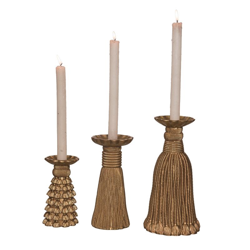 Transpac Resin 10 in. Gold Christmas Tassel Candle Holder Set of 3, 1 of 2
