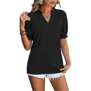 Coolmee Women Summer/Spring Puff Short Sleeve Tops Dressy Casual V-Neck T-Shirts Texture Pattern Cute Blouse for Work - 1 of 4