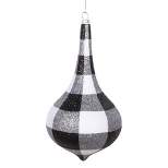 Vickerman 8" White Black Plaid Glitter Drop Ornament, 2 per bag.