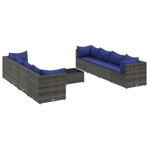vidaXL 9 Piece Patio Lounge Set with Cushions - Gray Poly Rattan Outdoor Furniture for Garden, Terrace, or Patio - 1 of 4