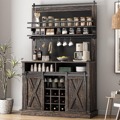 75-Inch Tall Coffee Hutch Cabinet with Sliding Barn Doors, Large Farmhouse Kitchen Buffet Cabinet, Spacious Storage Sideboard for Dining Room