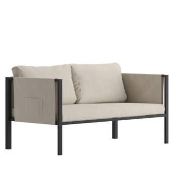 Emma and Oliver Indoor Outdoor Patio Loveseat, Steel Framed Club Chair with Cushions and 2 Storage Pockets