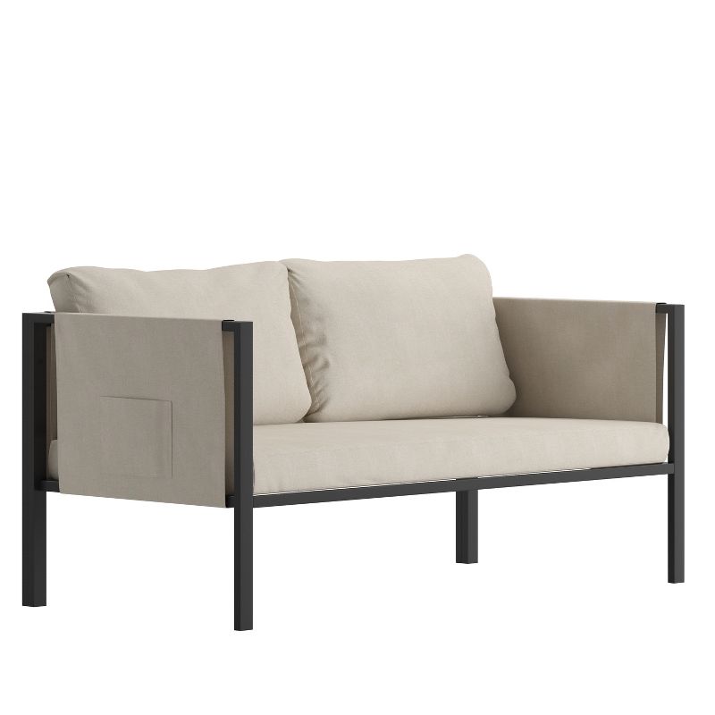 Emma and Oliver Indoor Outdoor Patio Loveseat, Steel Framed Club Chair with Cushions and 2 Storage Pockets, 1 of 11