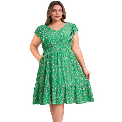 GRACE & GRANDEUR Women's Plus Size Floral V-Neck Ruffle Sleeve Elastic Waist A-Line Dress with Pockets