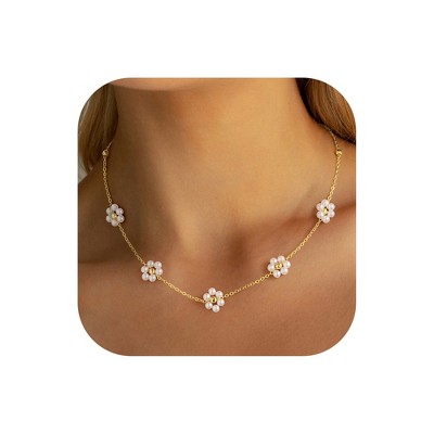 Turandoss Daisy Flower Pearl Necklaces for Women, Dainty 18K Gold Chain Flower Pearl Choker Necklace, Bride Bridesmaid Gifts, Wedding Gifts for Women