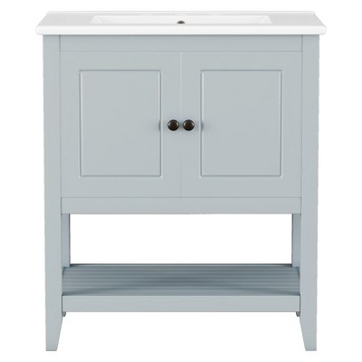 Vynxaria 30" Bathroom Vanities Gray Washstand with Half-Moon Ceramic Basin & Open Shelf