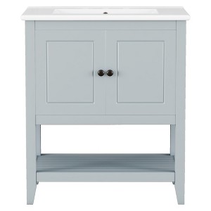 Vynxaria 30" Bathroom Vanities Gray Washstand with Half-Moon Ceramic Basin & Open Shelf - 1 of 4