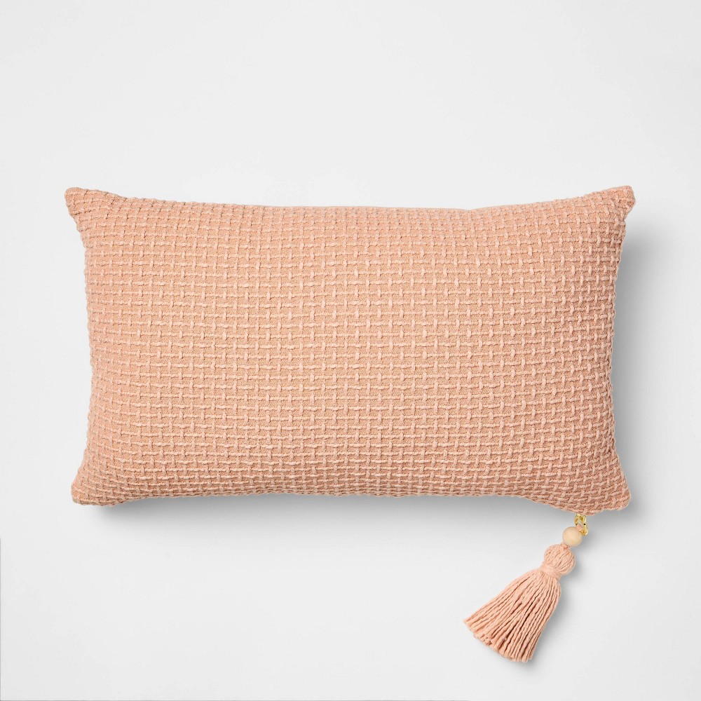 Photos - Pillow Lumbar Basketweave with Tassel Peach - Threshold™ Designed with Studio McGee