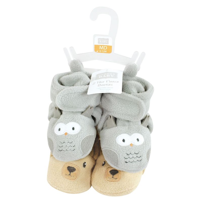 Hudson Baby Unisex Baby Animal Fleece Booties 2-Pack, Gray Owl Bear, 3 of 5