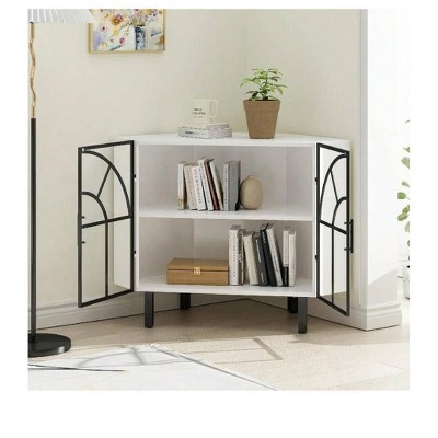 37.40 Inch Corner Cabinet With 2 Doors And 2-Tier Shelves Free-Standing Sideboard Cabinet Metal Frame Storage Shelf Organizer Corner Table For Living