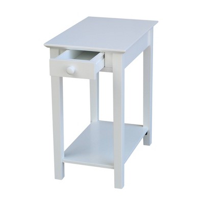 Elegant Narrow Solid Wood End Table in White with Shelf and Drawer