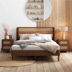 3-Piece Modern Cannage Rattan Bedroom Sets, Queen Size Platform Bed with 2 Nightstands 4A - ModernLuxe - 1 of 4