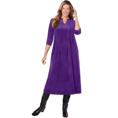 Woman Within Women s Plus Size Pintuck Velour Dress 20 W Radiant Purple Target