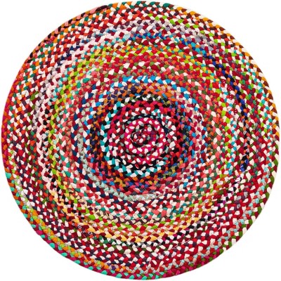 Handmade Boho Vibes Round Cotton Braided Rug, 3'3" - Blue & Multicolor