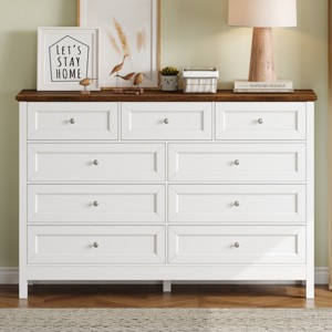 Farmhouse 9 Drawer Dresser, 55" Rustic Wood Chest, Storage Cabinet with Silver Handles, Wide Organizer for Bedroom-3irtyhousy - 1 of 4