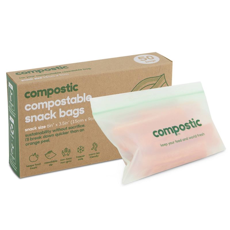 Compostic 100% Home Compostable, Freezer and Microwave Safe Snack Bags - 50ct, 3 of 9