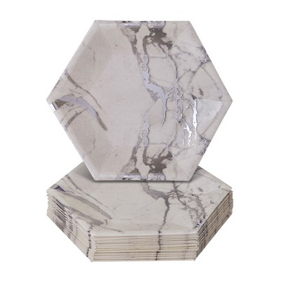 Silver Spoons Elegant Disposable Hexagon Plates for Party, Heavy Duty Disposable Dinner Set (18 PC) - Marble Collection