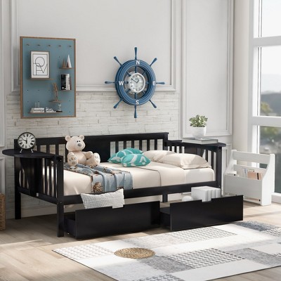NicBex Twin Size Daybed Modern Wooden Bed Frame with 2 Drawers, 2 Tables and Guardrails for Bedroom, Living Room, No Box Spring Required