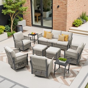 Buenhomino 9-Piece Outdoor Patio Set – PE Wicker Sofa, 4 Swivel Chairs, 2 Ottomans & 2 Tables, All-Weather Conversation Set with Cushions - 1 of 4