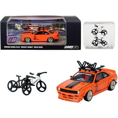 Nissan Silvia (S14) "Rocket Bunny" Boss Aero Orange with Roof Rack and 2 Bicycles 1/64 Diecast Model Car by Inno Models