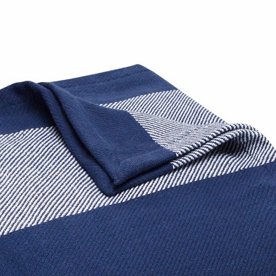 Boylston Navy Stripe Twin Cotton Reversible Blanket