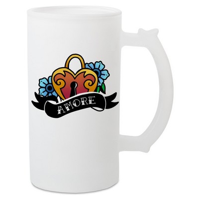 100 North Freezable 16 Ounce Translucent White Matte Frosted Glass Craft Drinking Stein Beer Mug With Thumb Grip Handle, Amore