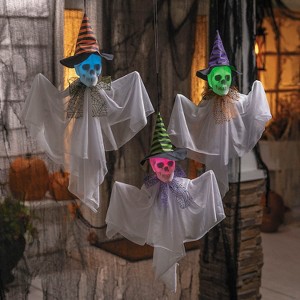 Morris Costumes 23 1/2" Hanging Light-Up Skeleton Face Ghosts with Witch Hats - Set of 3 - 1 of 2