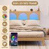 Wood Boho Style Wooden Bed with LED Lights & Storage Shelves and Rattan Headboard, Natural Finish - 3 of 4