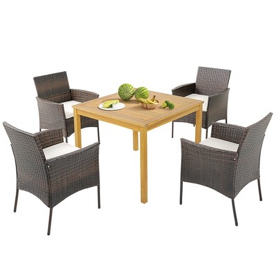 Tangkula 5 PCS Patio Dining Set Acacia Wood Table w/ 1.9" Umbrella Hole Cushioned Chairs