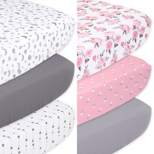The Peanutshell Celestial Stars, Pink Rose and Floral Fitted Crib Sheets for Girls, 6-Pack Set  | Grey, Pink - 1 of 4