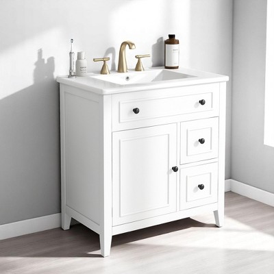 Mshliw 30 Inch Bathroom Vanity with Sink, Freestanding Cabinet with Door and Drawers, Solid Wood Frame and Ceramic Top