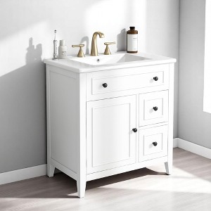 Mshliw 30 Inch Bathroom Vanity with Sink, Freestanding Cabinet with Door and Drawers, Solid Wood Frame and Ceramic Top - 1 of 4