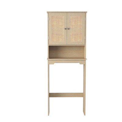 GlasFlength Decorative Storage Cabinet MDF Over Toilet Organizer with 2 Rattan Doors & Adjustable Shelves, Natural Wood, 24.40"*9.05"*64.96"