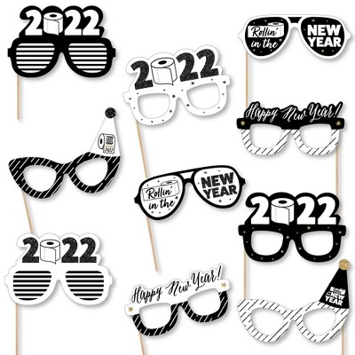 Big Dot of Happiness Rollin' in the New Year Glasses - Paper Card Stock 2022 New Year's Eve Party Photo Booth Props Kit - 10 Count