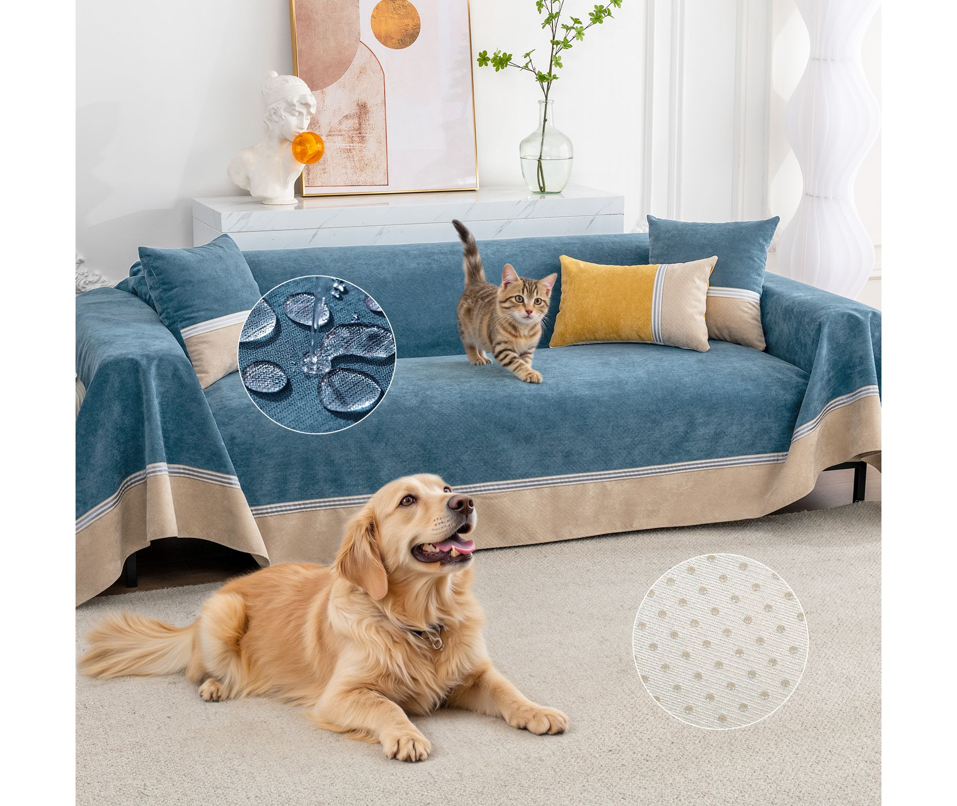 Bekrvio Waterproof Non-Slip Pet Couch Cover, Washable Anti-Scratch Sofa Protector for 3 Cushion Couch & Sectional Sofa, Blue 79"x118"