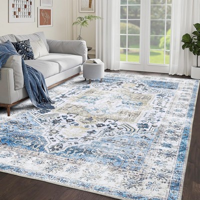 Non-Slip Machine Washable 2x3 Vintage Print Area Rug, Distressed Low Pile Entryway Doormat for Kitchen Bathroom Bedroom, Taupe