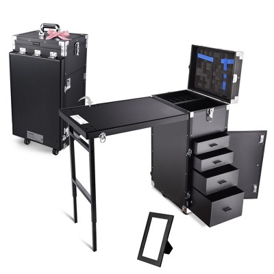 Black Aluminum Rolling Makeup Train Case with Expandable Table