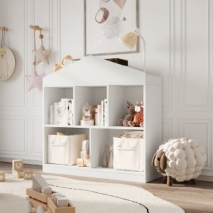 Kids Bookshelf White Toy Storage Organizer 5-Cubby Bookcase Toddlers Playhouse Cabinet Shelf Wooden Cubby Storage - 1 of 4