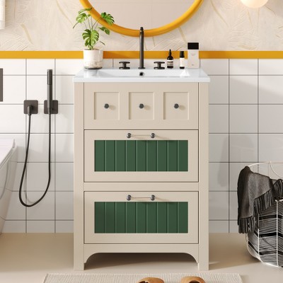 ALEXOUN Freestanding Bathroom Vanity with Ceramic Sink,Solid Wood Frame Bathroom Storage with 2 Doors and Open Shelf,for Small Space