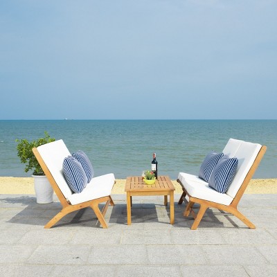 Natural Wood 4-Piece Patio Set with Beige Cushions and Navy Striped Pillows